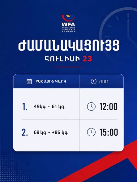 Հայաստանի ծանրամարտի երիտասարդների 2026 թվականի առաջնության ժամանակացույցը: